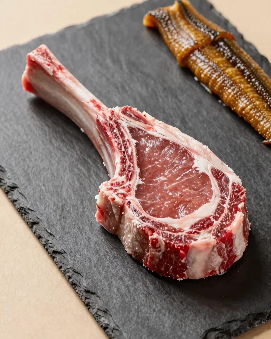 Premium editorial food photograph of vacuum-sealed frozen tomahawk steak and unagi portions on a dark slate surface, sof